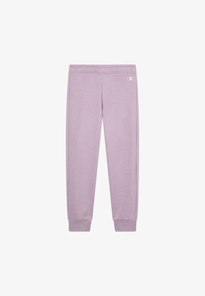 Light purple sweatpants with elastic waistband and cuffs, displaying a small Champion logo near the top right hip.
