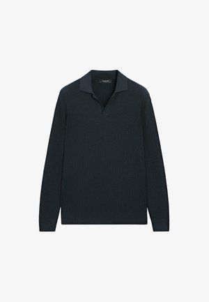 Mørk marineblå ribstrikket sweater med lange ærmer, polo krave og V-halsudskæring, vist fladt på en hvid baggrund.