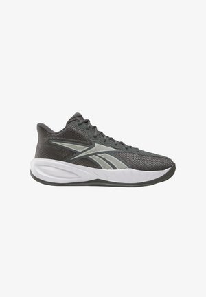 Zapatilla deportiva de color gris oscuro con parte superior de malla, acentos de logo en gris, entresuela acolchada blanca y suela exterior gris vista desde un lado.