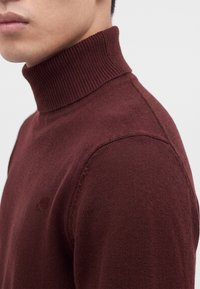 Gros plan d’une personne portant un pull à col roulé côtelé marron, montrant le cou, l’épaule et une partie du visage.