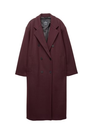 Burgundy wool-blend coat with a double-breasted design, wide lapels, and two front pockets. Smooth texture and relaxed fit.