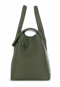 Bolso de mano de cuero verde con forma estructurada, que presenta dos asas y un detalle de herrajes en forma de lazo en el lateral. Acabado texturizado.