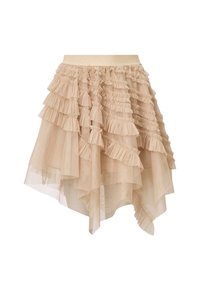 Gonna in tulle beige con molteplici volant a strati, design asimmetrico e vita aderente. La texture è morbida e semi-trasparente.