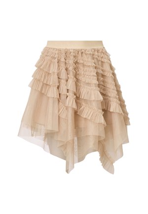 Beige tulle skirt with multiple layered ruffles, asymmetric design, and a fitted waistband. Texture is soft and semi-sheer.