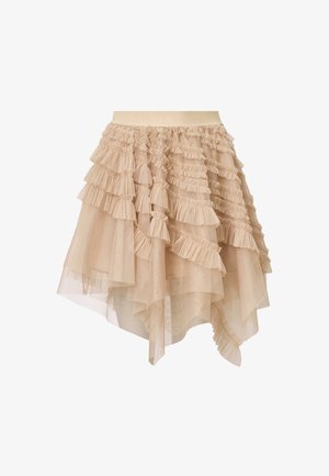 Beige tulle skirt with multiple layered ruffles, asymmetric design, and a fitted waistband. Texture is soft and semi-sheer.
