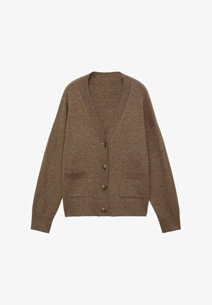 Brown wool cardigan with a V-neck, five buttons, and two front pockets. Ribbed cuffs and hem, relaxed fit, soft texture.