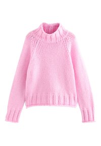 Rózsaszín kötött pulóver magas nyakkal, bordázott mandzsettákkal és szegéllyel. Vastag textúrájú, látható varrásmintákkal, enyhén bő szabású.