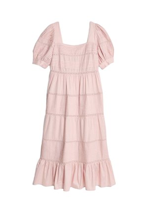 Abito di cotone rosa con scollatura quadrata, maniche a sbuffo e orlo a balze tiered. Presenta strisce orizzontali di tessuto testurizzato.