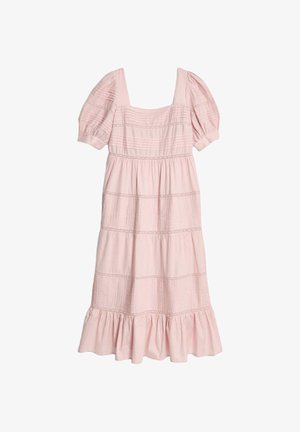 Robe en coton rose avec encolure carrée, manches à volants et ourlet à volants superposés. Présente des rayures horizontales en tissu texturé.