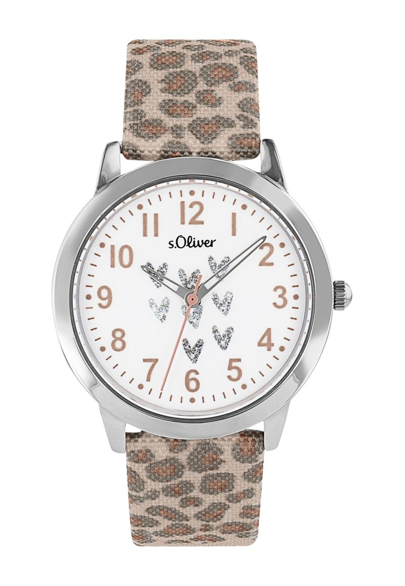 Analog wristwatch with a white dial, silver hands, and leopard print fabric strap. Features heart-shaped hour markers and brand logo.