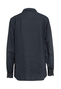 Langärmliges Hemd aus dunkelblauem Stoff, gefertigt aus strukturiertem Material. Verfügt über einen Kragen, knöpfbare Manschetten und einen geraden Saum.