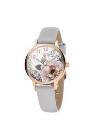 Runde Uhr mit floralem Zifferblatt, das pinke und lila Blumen zeigt, Roségold-Akzenten und einem hellgrauen Lederarmband.
