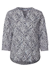 Blusa blu navy e bianca con motivo a foglie, semi-strutturata, scollatura a V, maniche a tre quarti e dettaglio dell'orlo curvo. Realizzata in tessuto morbido.