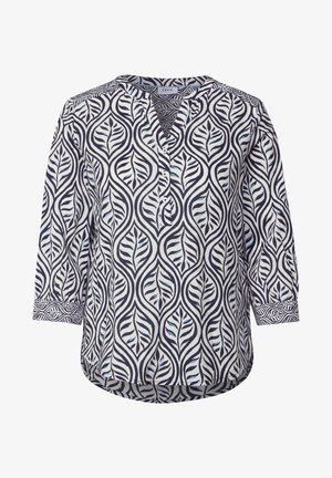 Bluzka w granatowo-białe liście, półstrukturalna, z dekoltem w serek, rękawami o długości 3/4 i zaokrąglonym dołem. Wykonana z miękkiego materiału.