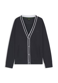 Tummansininen neuletakki pehmeästä puuvillasta, valkoisilla yksityiskohdilla, v-aukkoinen, napillinen, kaksi etutaskua sekä resorit hihansuissa ja helmassa.