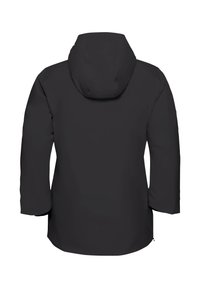Veste imperméable noire avec capuche, manches longues et un ourlet légèrement courbé. Texture lisse sans matériel visible ni motifs.