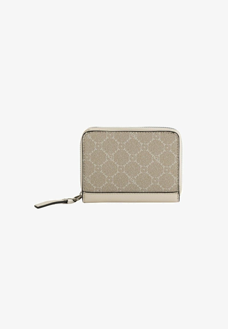 Beige wallet featuring a patterned fabric exterior with a zip closure, smooth leather accents, and a wrist strap for easy handling.