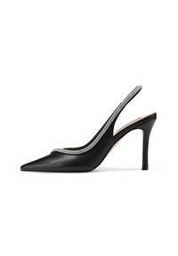 Pompe slingback en cuir noir avec un bout pointu, dotée d'une sangle ornée de strass et d'un talon élancé. Texture lisse, design épuré.