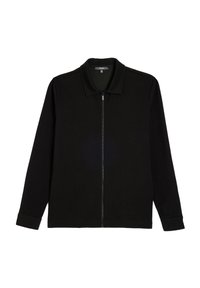 Black zip-up jacket with a collared neckline, long sleeves, made of soft material, featuring a straight fit and minimal design.
