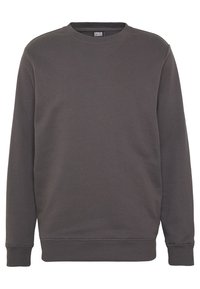 Dark gray sweatshirt made from soft cotton blend, featuring a crew neckline and ribbed cuffs and hem for a snug fit.