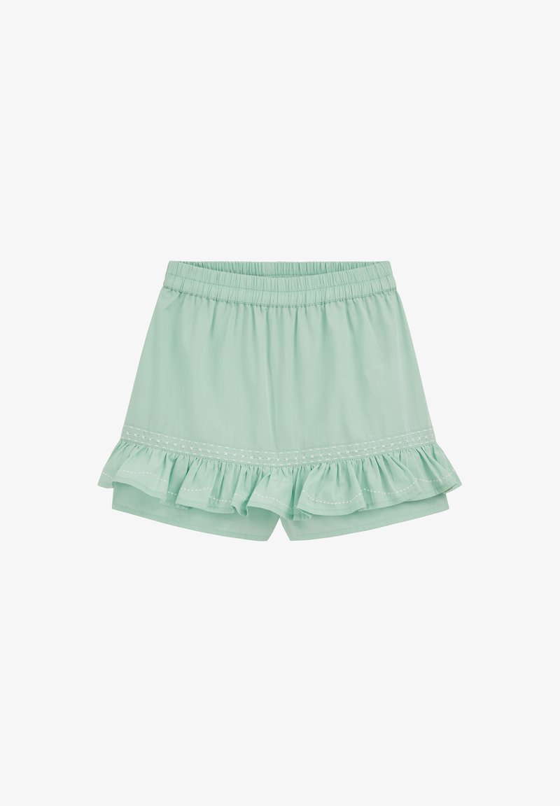 Shorts à taille élastique vert clair avec jupe à volants attachée et coutures décoratives le long de l'ourlet.