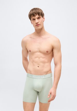 Mladý muž bez košile s krátkými hnědými vlasy, který má na sobě světle zelené boxerky značky Hollister, stojící před jednobarevným světlým pozadím.