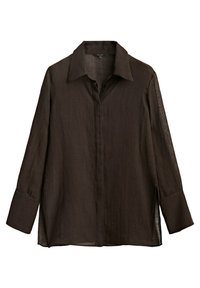 Ciemnobrązowa koszula z długim rękawem, wykonana z lekkiego materiału. Posiada klasyczny kołnierzyk, zapięcie na guziki oraz boczne rozcięcia zapewniające swobodę ruchów.