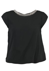 Black short-sleeve top with a rounded neckline featuring a woven metallic accent. Soft, flowing fabric with a relaxed fit.