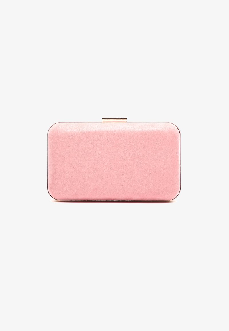 Pochette rectangulaire en satin rose avec une texture lisse et des coins arrondis. Elle est dotée d'un fermoir doré pour une fermeture sécurisée.
