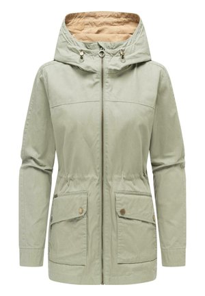 Hellgrüne Kapuzenjacke mit Frontreißverschluss, verstellbaren Kordelzügen und zwei großen aufgesetzten Taschen mit Knopfverschluss.