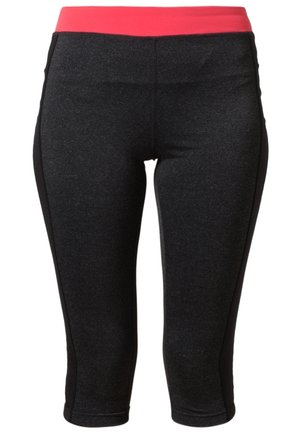 Ciemnoszare sportowe legginsy capri z czarnymi panelami bocznymi i szerokim czerwonym pasem w talii.
