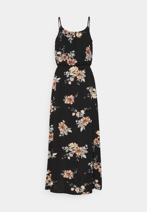 Robe maxi noire sans manches avec fines bretelles et taille élastique, ornée d'un motif floral marron, blanc et jaune.
