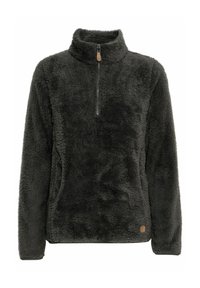 Pullover in pile grigio scuro con colletto a mezza zip, caratterizzato da una superficie morbida e texturizzata e tasche laterali con un piccolo logo dettagliato sull'orlo.