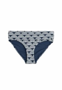 Temno modri bikini spodnji del z belim vzorcem ventilatorja. Gladek material, srednje visok kroj in enotna temno modra podloga na straneh.