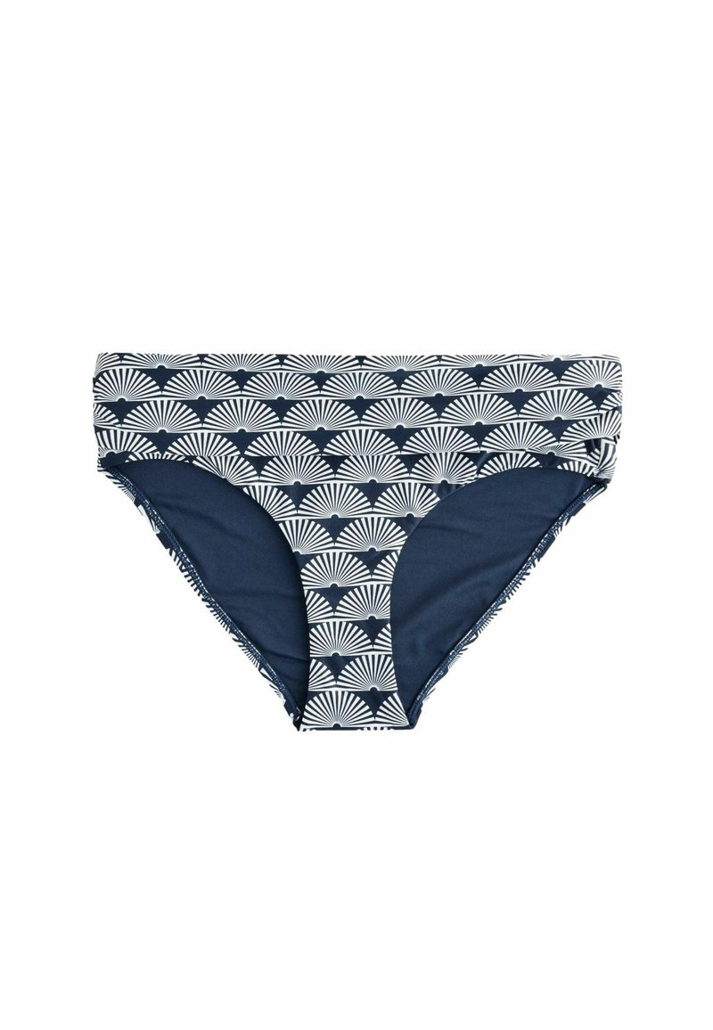 Temno modri bikini spodnji del z belim vzorcem ventilatorja. Gladek material, srednje visok kroj in enotna temno modra podloga na straneh.