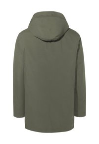 Olijfgroene, gewatteerde parka met een rechte silhouet. Gladde textuur, geen zichtbare sluitingen of accenten, en lange mouwen.