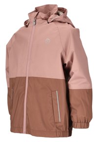 Vedenpitävä vaaleanpunainen ja ruskea takki huppulla, etuvetoketjulla, joustavilla hihoilla ja heijastavilla yksityiskohdilla taskuissa näkyvyyden parantamiseksi.