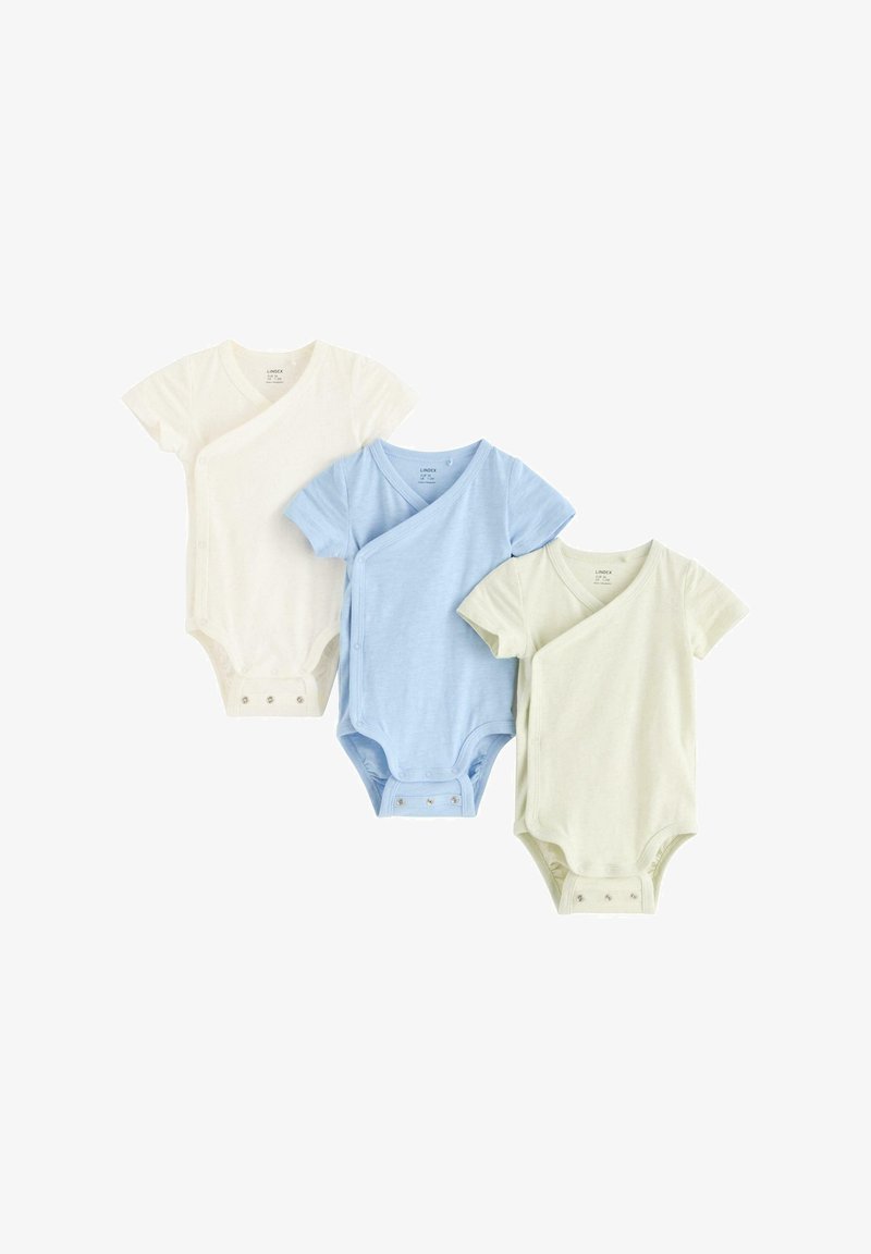 Tre kortærmede bodystockinger i creme, lyseblå og lys grøn. Hver med et omslagdesign, trykknaplukninger og blød bomuldsstruktur.
