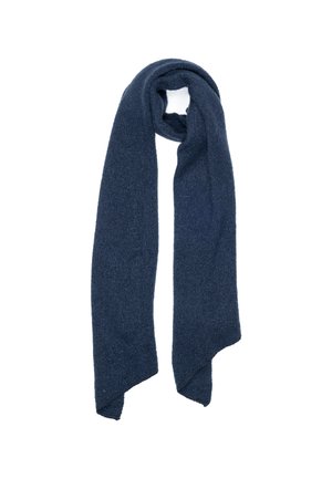 Écharpe bleu marine, en tissu au toucher doux, forme rectangulaire, bords lisses, légère, avec un léger effet scintillant.