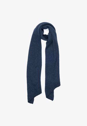 Écharpe bleu marine, en tissu au toucher doux, forme rectangulaire, bords lisses, légère, avec un léger effet scintillant.