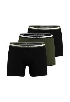 Drei Herren-Boxershorts in Schwarz und Dunkelgrün mit elastischen Bund mit der Aufschrift Tom Tailor, angeordnet in versetzter Reihe vor weißem Hintergrund.