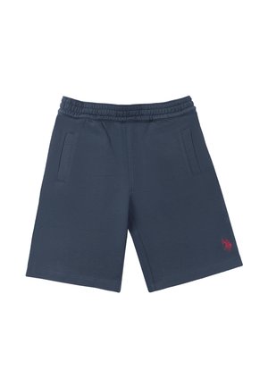 Pantaloncini blu navy lunghezza ginocchio con vita elastica, tasche laterali e piccolo logo rosso ricamato sulla parte inferiore della gamba sinistra.