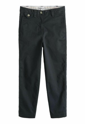 Zwarte chino broek met een knoop- en ritssluiting aan de voorkant, lussen voor een riem, zijzakken en een klein knoopzakje voor munten aan de rechterkant.