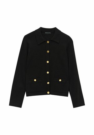 Black cardigan made of textured fabric, featuring a collar, gold buttons, and two front pockets with gold accents.