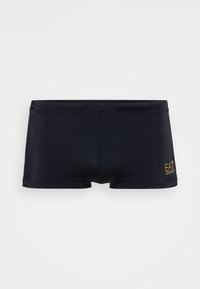 Schwarze Badehosen aus glattem Stoff. Verfügen über eine niedrige Taille, kurzen Beinschnitt und ein kleines goldenes Logo an der Seite. Schlichtes Design.