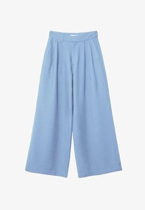 Lyseblå bukser med vide ben, plisseringer ved taljen, bæltestropper, sidelommer og lynlåslukning foran.