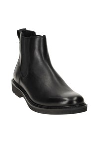 Svart läder ankelsko med elastiska sidopaneler, rund tå och låg gummisula. Slät textur med minimal sömnadsdetalj.