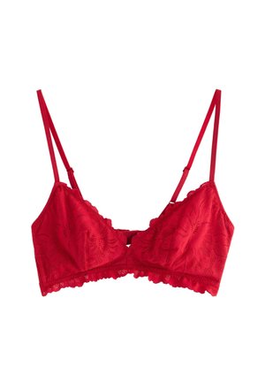 Červená krajková podprsenka s nastavovacími ramínky, květinovým vzorem, vlnitým lemem a zapínáním na háček a očko vpředu. Měkká, jemná textura.