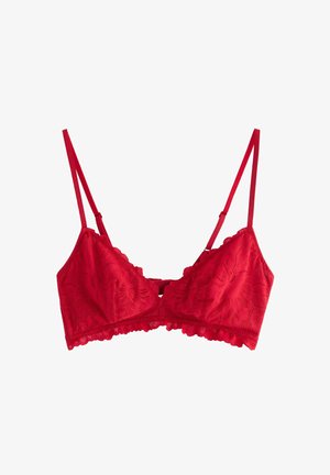 Rød blonde-bralette med justerbare stropper, blomstermønster, bølgede kanter og en hægteslås foran. Blødt, fint materiale.