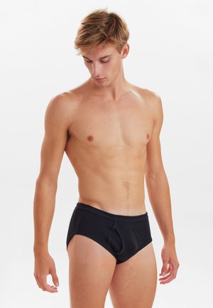 Sorte mænds briefs med en tætsiddende pasform, lavet af glat stof, med en frontlomme og en elastisk talje. Simpel design, uden mønstre.
